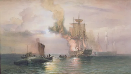 Südsee-Walfänger beim Auskochen von Blubber, mit Wal daneben, ca. 1875-85